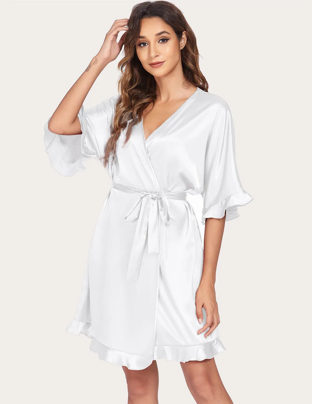 Ekouaer Ruffle Half Sleeve Satin Robe (US Only)