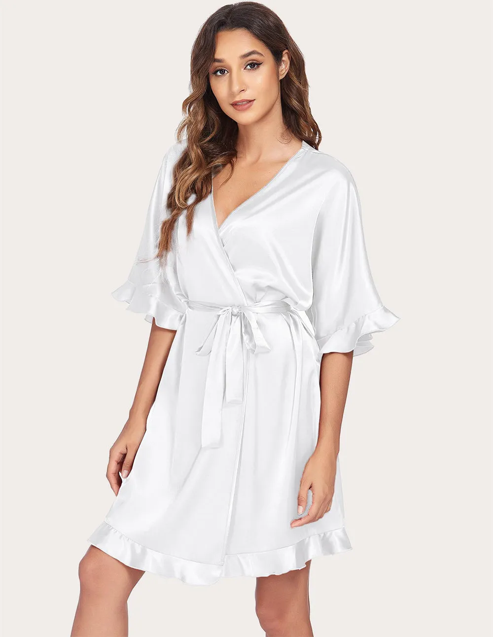 Ekouaer Ruffle Half Sleeve Satin Robe (US Only)
