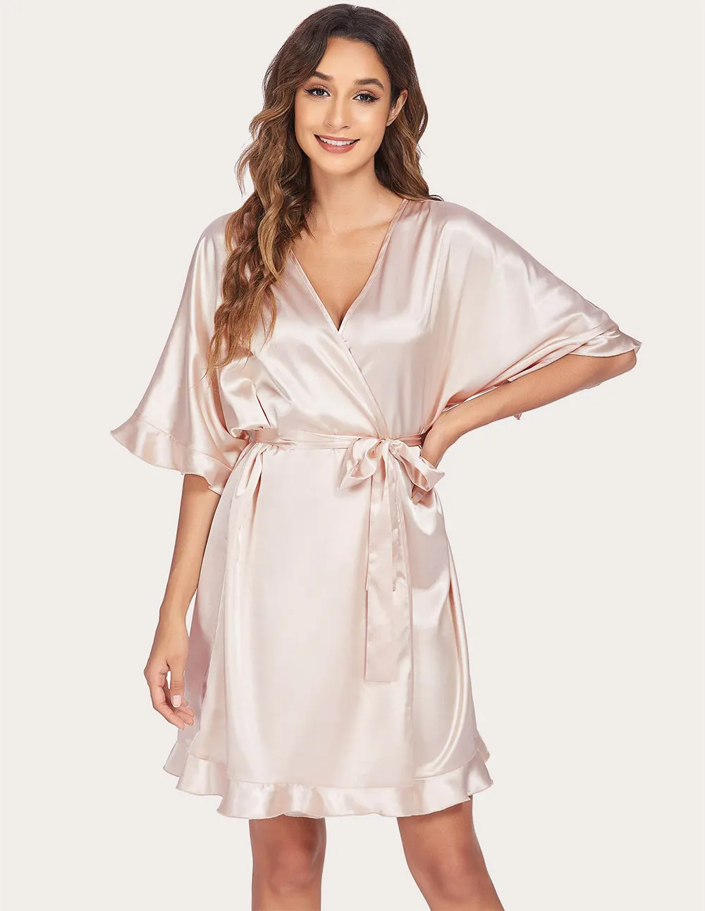 Ekouaer Ruffle Half Sleeve Satin Robe (US Only)