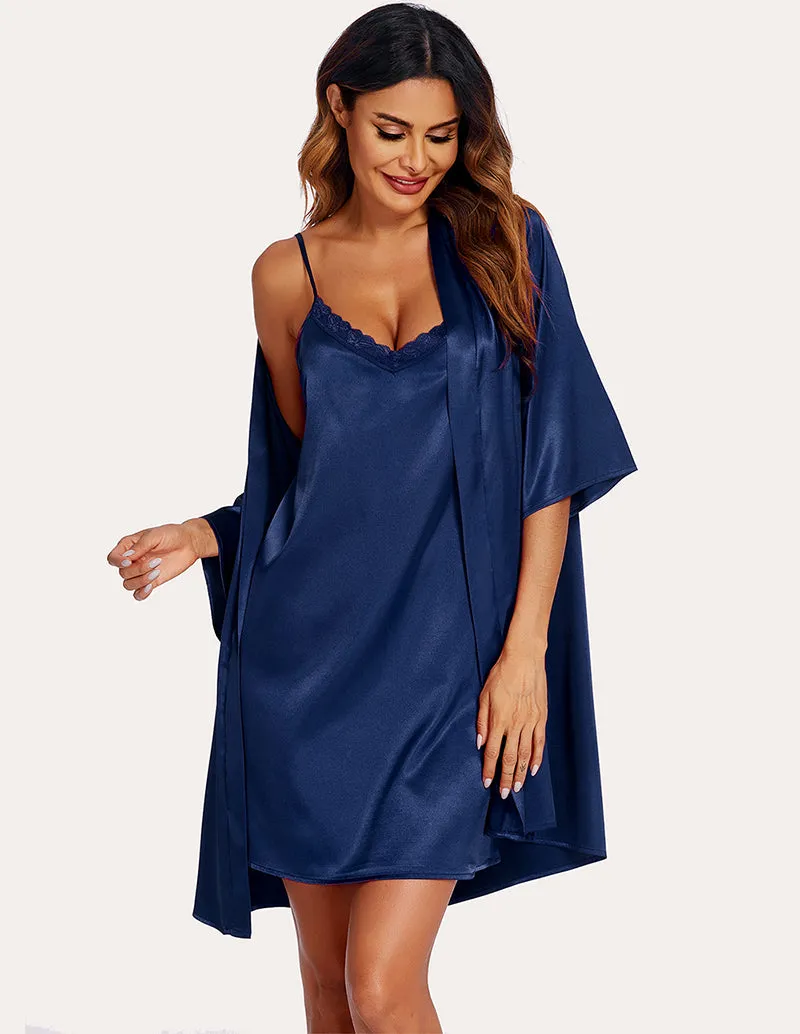 Ekouaer Silk Satin Cami Nightdress with Robe (US Only)
