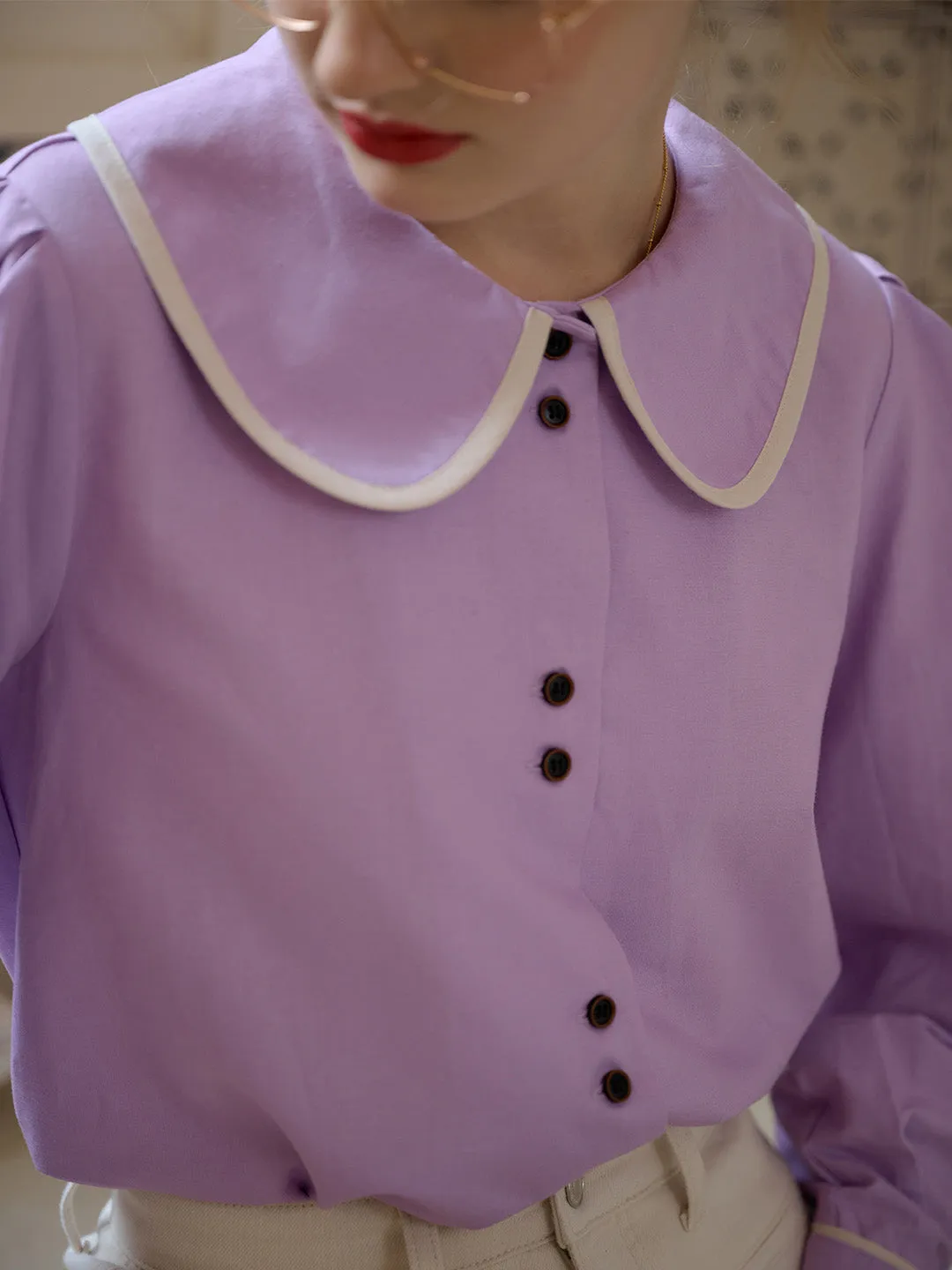 Relaxed Hoodie Tubular Body Construction ??Final Sale??Avayah Contrasting Doll Collar Balloon Sleeve Slit Linen Shirt-Purple