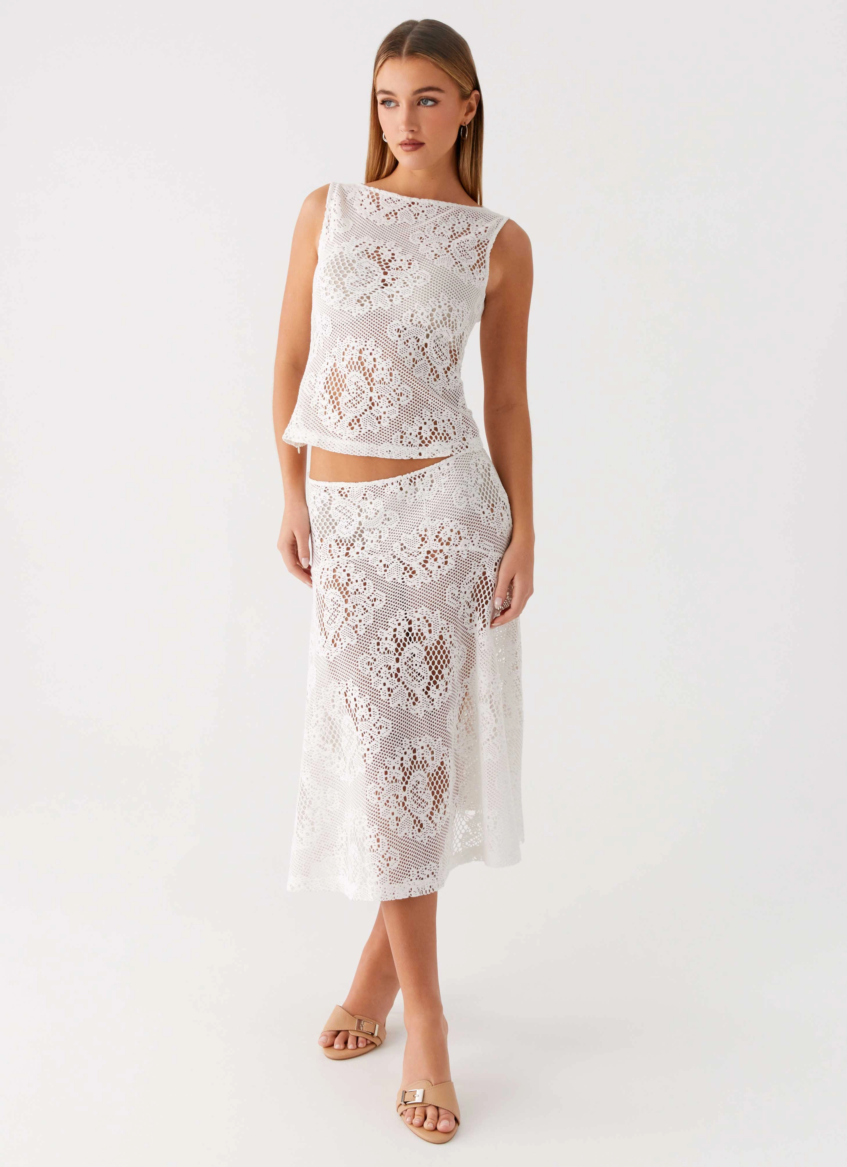Soft Lines A line Virelle Lace Midi Skirt - Ivory