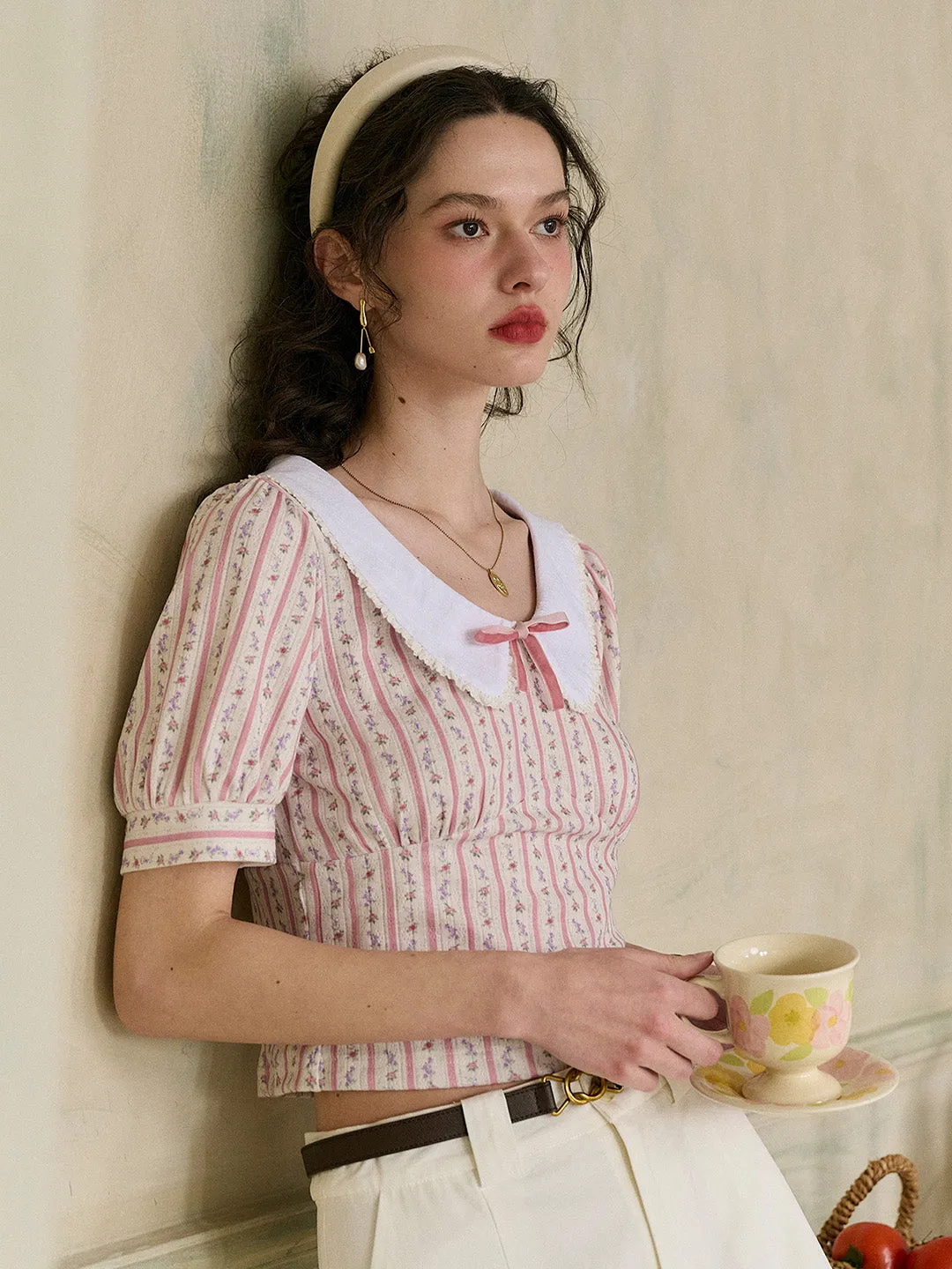 Structured Shoulder Sport Top ??Final Sale??Madalyn Doll Collar Floral Bow Stripe Puff Sleeves Fit Top