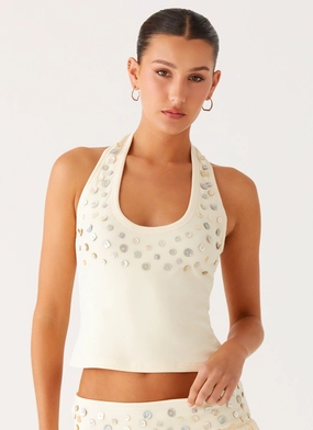 DoubleLayeredShoulders Denim Shirt Vegas Nights Halter Neck Top - Yellow