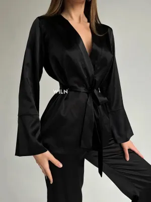ELEGANCE 2 Piece Luxurious Satin Lounge Set - Black