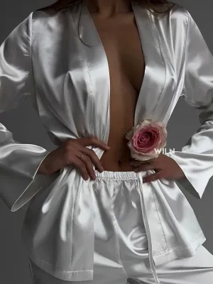 ELEGANCE 2 Piece Luxurious Satin Lounge Set - White