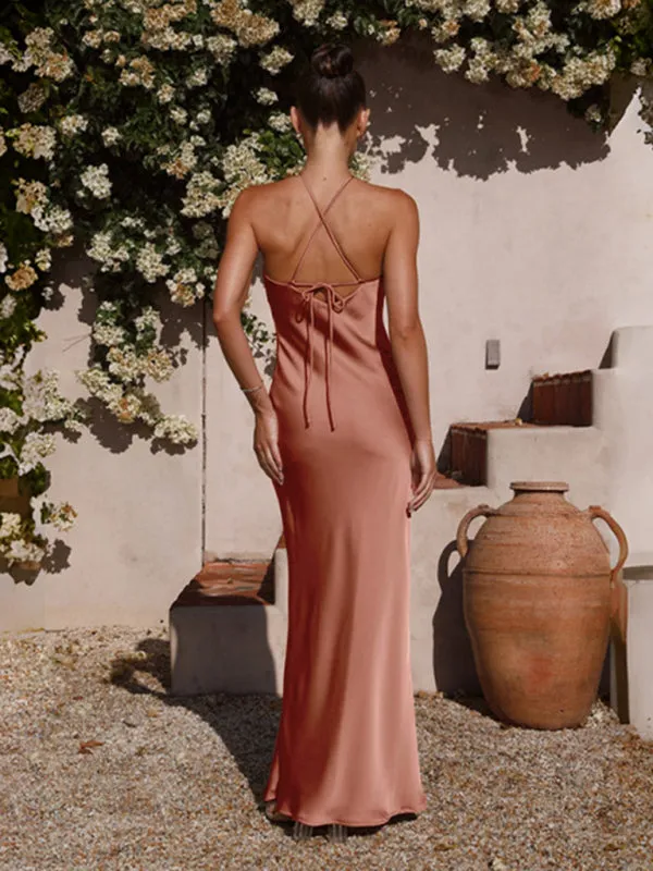 Elegant Backless Satin Halterneck Slip Maxi Dress