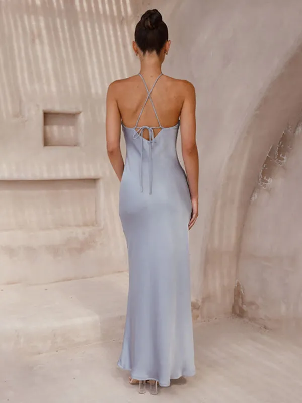 Elegant Backless Satin Halterneck Slip Maxi Dress