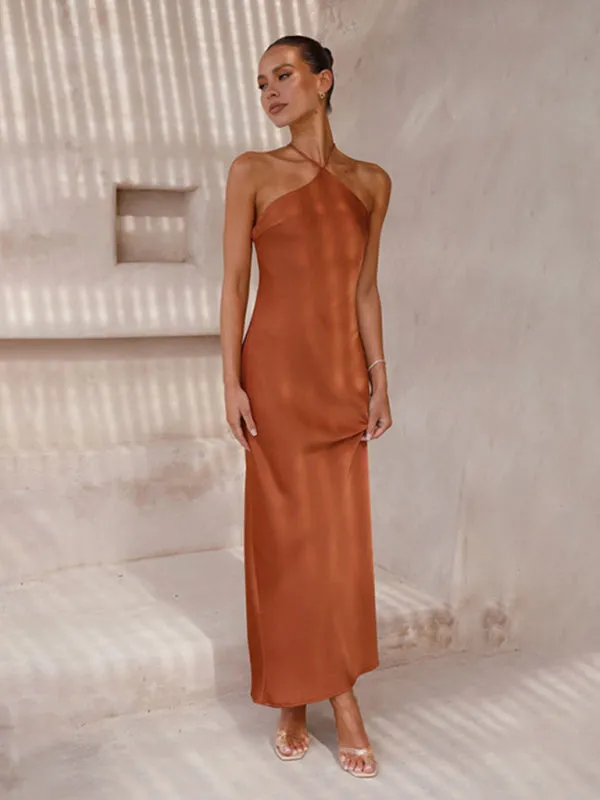 Elegant Backless Satin Halterneck Slip Maxi Dress