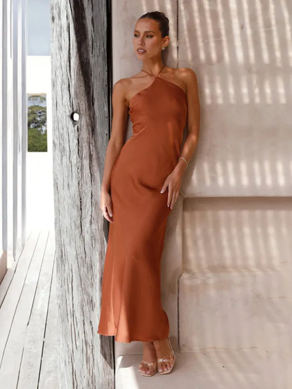 Elegant Backless Satin Halterneck Slip Maxi Dress
