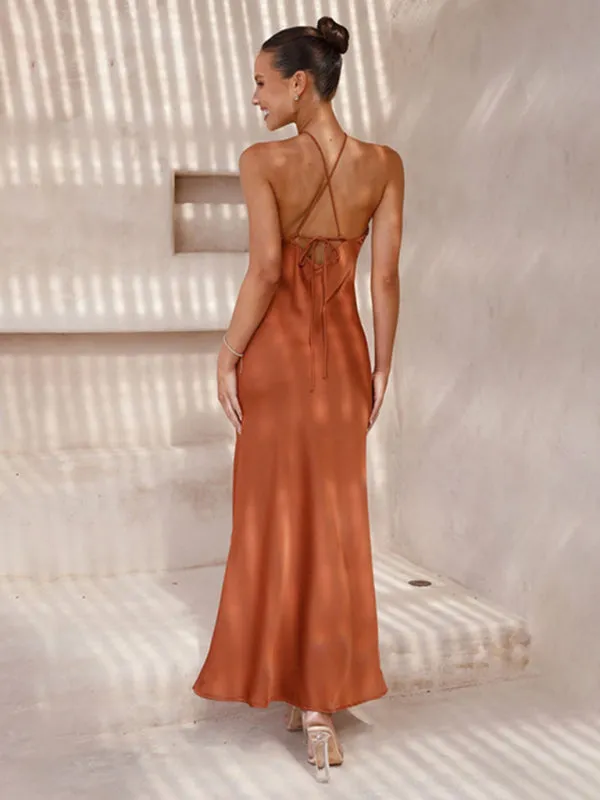 Elegant Backless Satin Halterneck Slip Maxi Dress