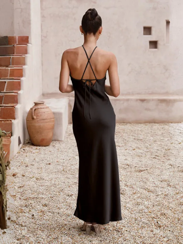 Elegant Backless Satin Halterneck Slip Maxi Dress