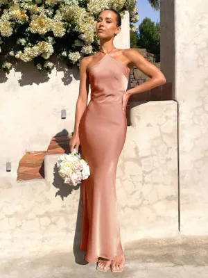 Elegant Backless Satin Halterneck Slip Maxi Dress