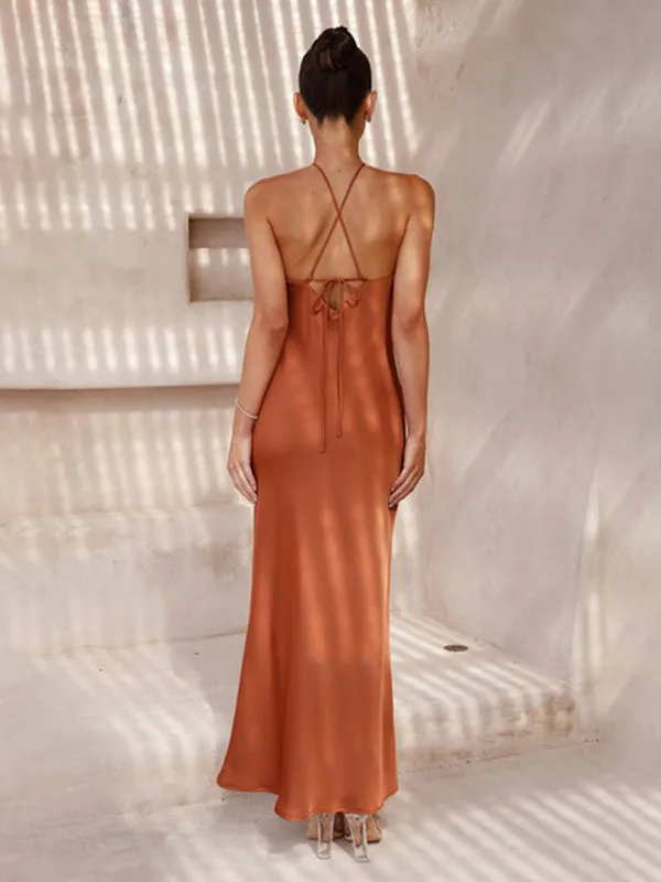 Elegant Backless Satin Halterneck Slip Maxi Dress