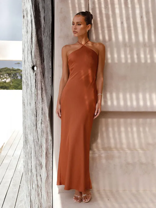 Elegant Backless Satin Halterneck Slip Maxi Dress