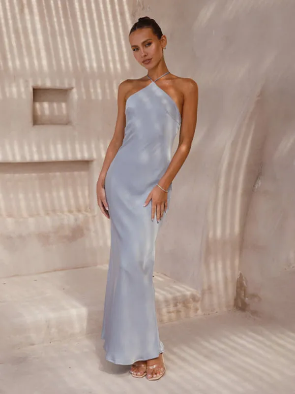 Elegant Backless Satin Halterneck Slip Maxi Dress