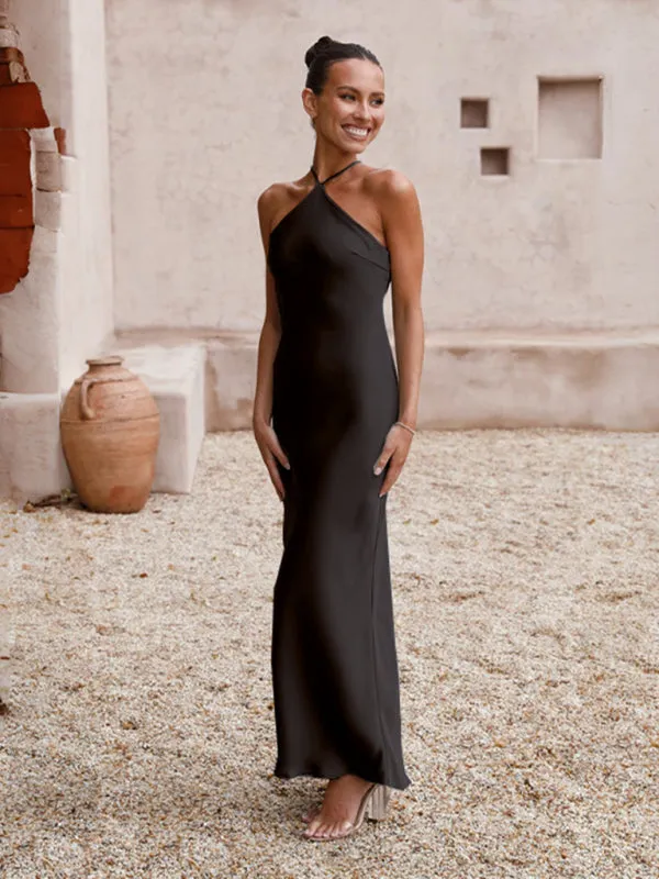 Elegant Backless Satin Halterneck Slip Maxi Dress