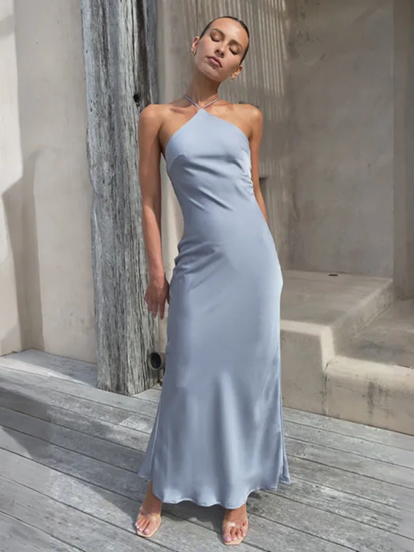 Elegant Backless Satin Halterneck Slip Maxi Dress