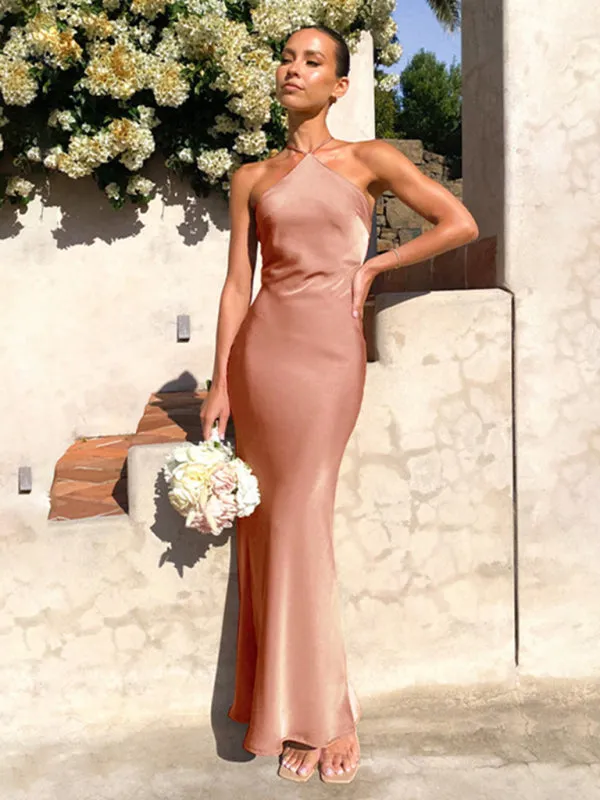Elegant Backless Satin Halterneck Slip Maxi Dress