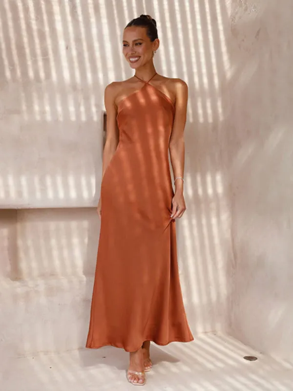 Elegant Backless Satin Halterneck Slip Maxi Dress