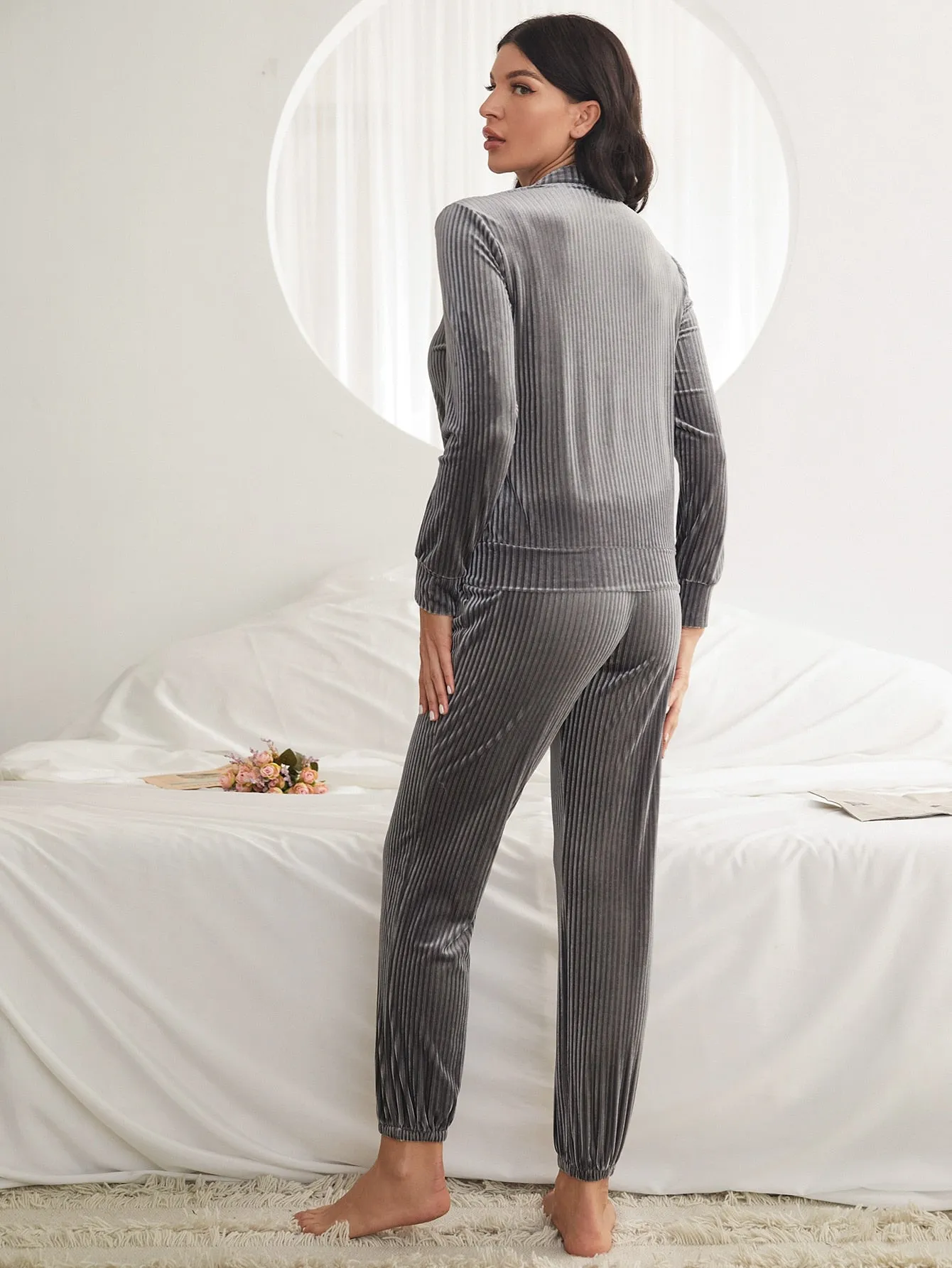Elegant Plain Zipper Long Sleeve Baseball Collar Women Lounge Sets