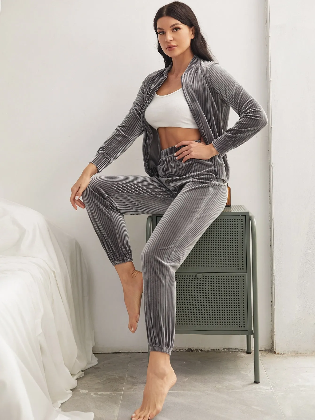 Elegant Plain Zipper Long Sleeve Baseball Collar Women Lounge Sets
