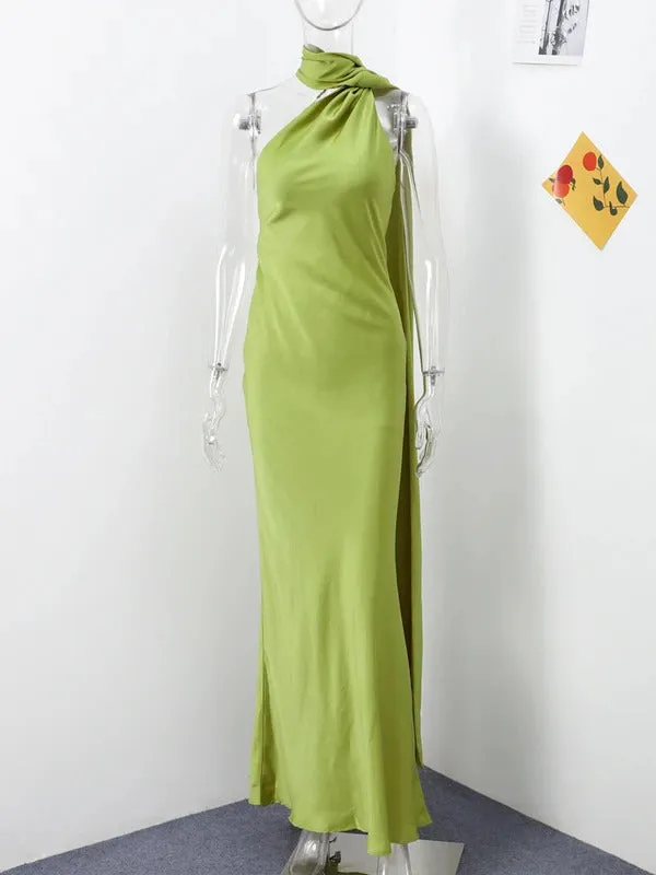 Elegant Satin Halter Party Dress Women Casual Slim Backless Sleeveless High Waist Female Robes 2024 Autumn Lady Evening Dresses