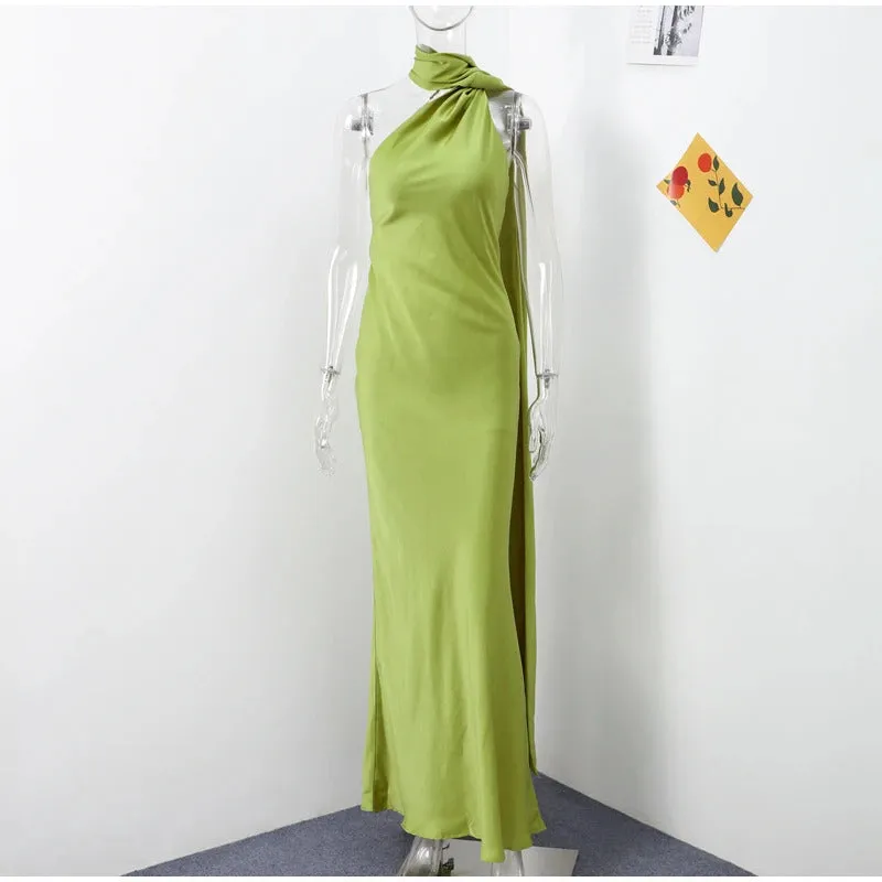 Elegant Satin Halter Party Dress Women Casual Slim Backless Sleeveless High Waist Female Robes 2024 Autumn Lady Evening Dresses