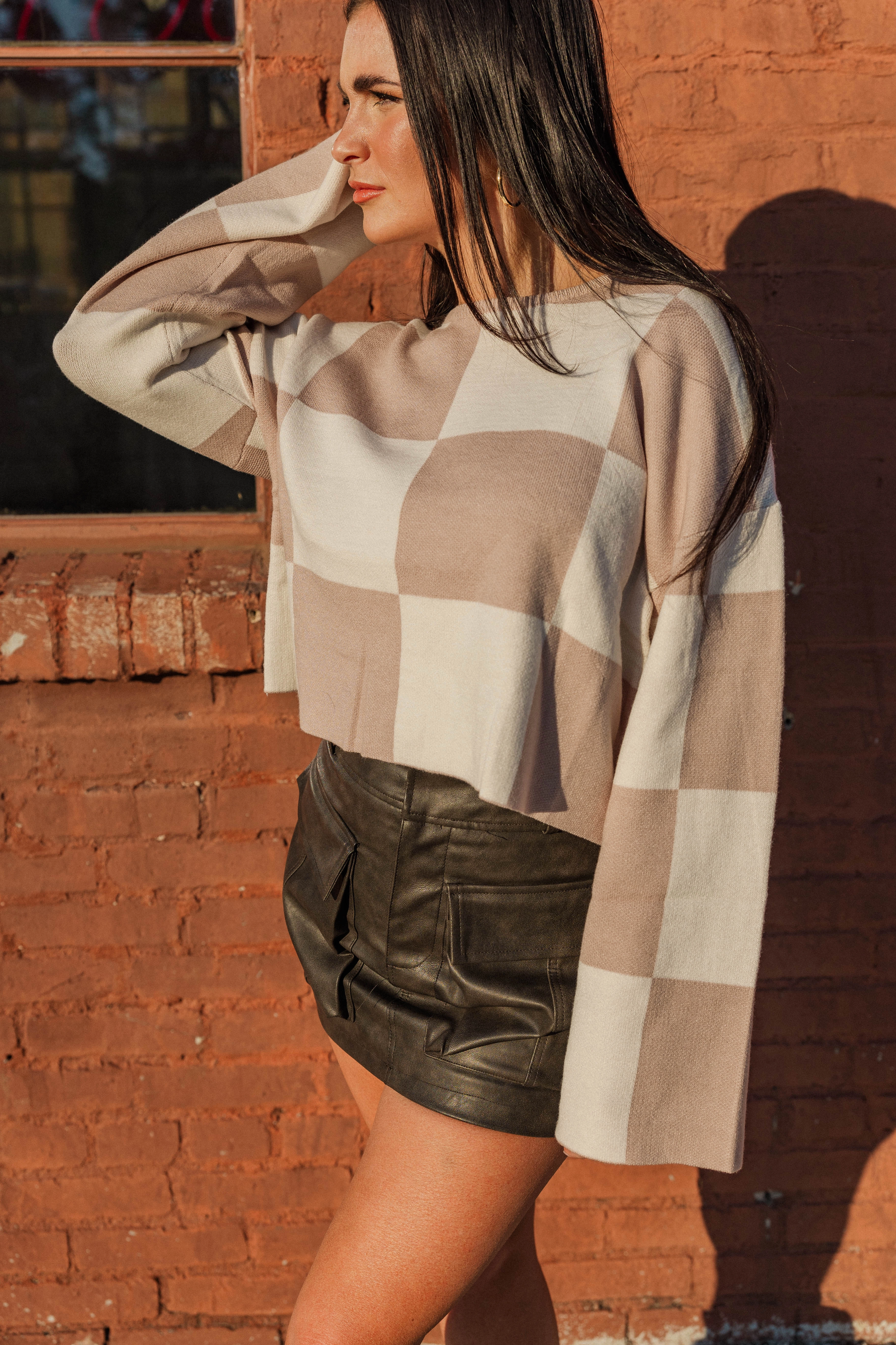 Brentwood Checkered Cropped Sweater- Taupe Cable Stitch Urban Layer