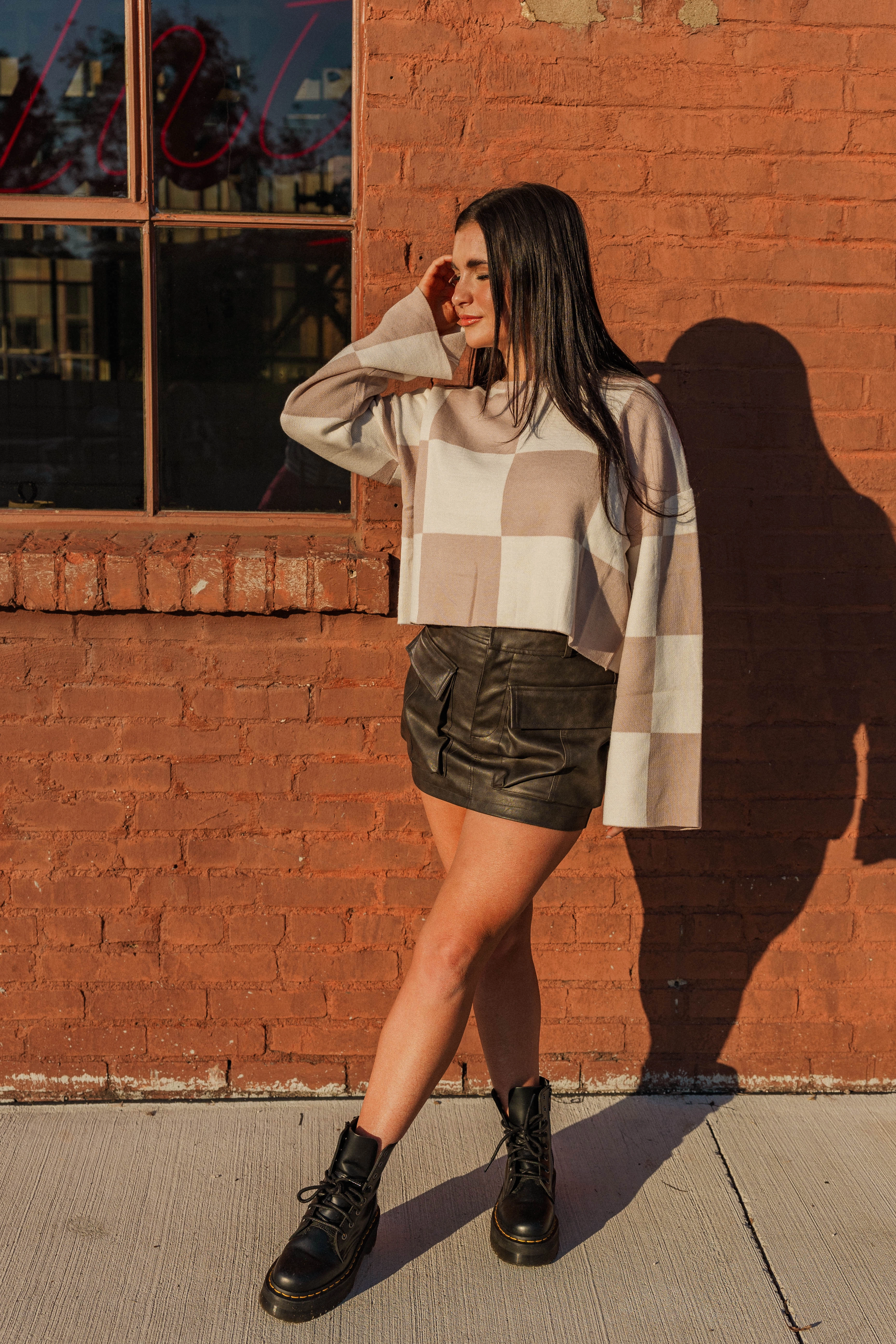 Breathable Lining Clean Lines Brentwood Checkered Cropped Sweater- Taupe