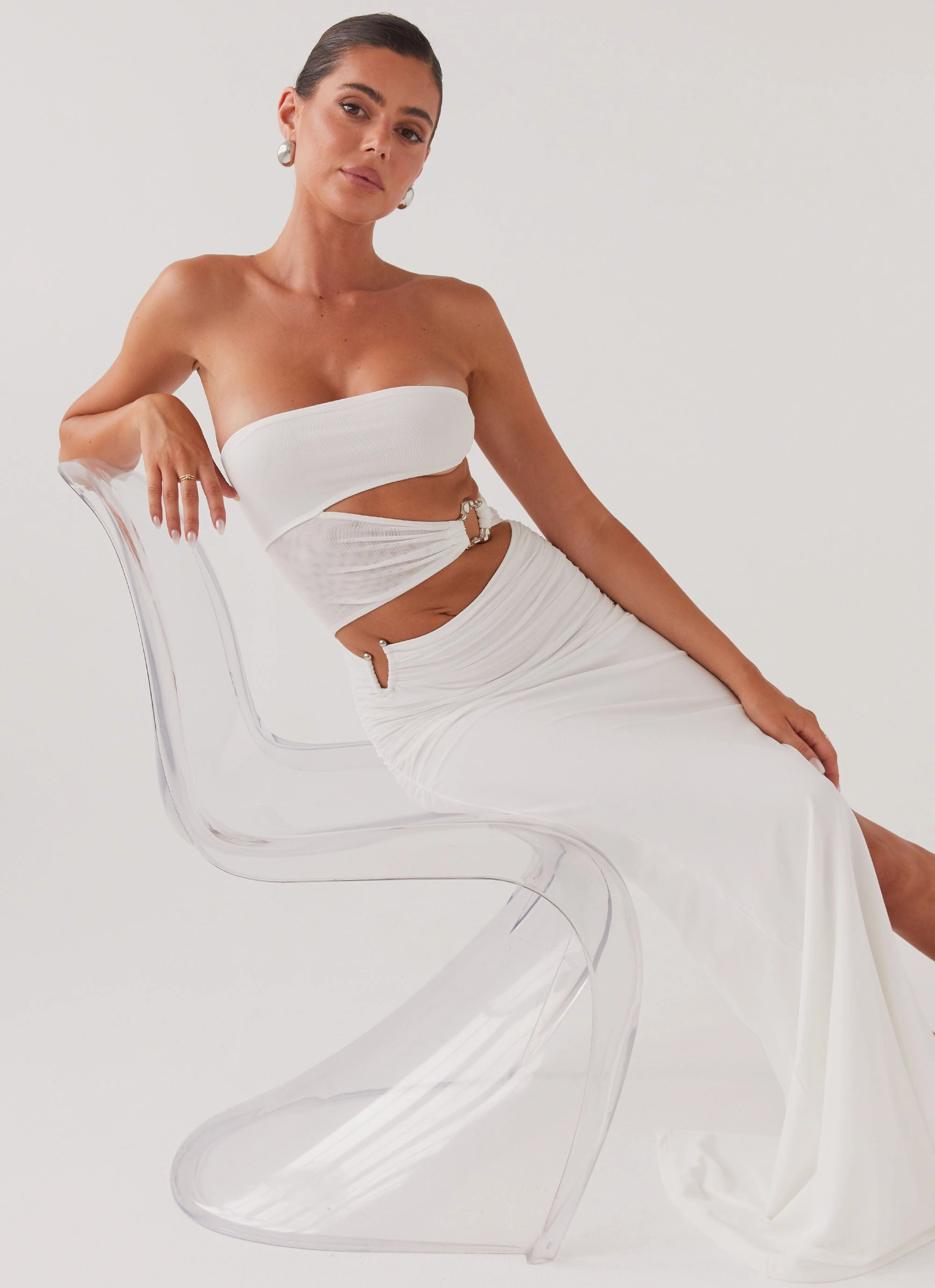 Into Pieces Mesh Maxi Dress - White Flattering Shape Wear