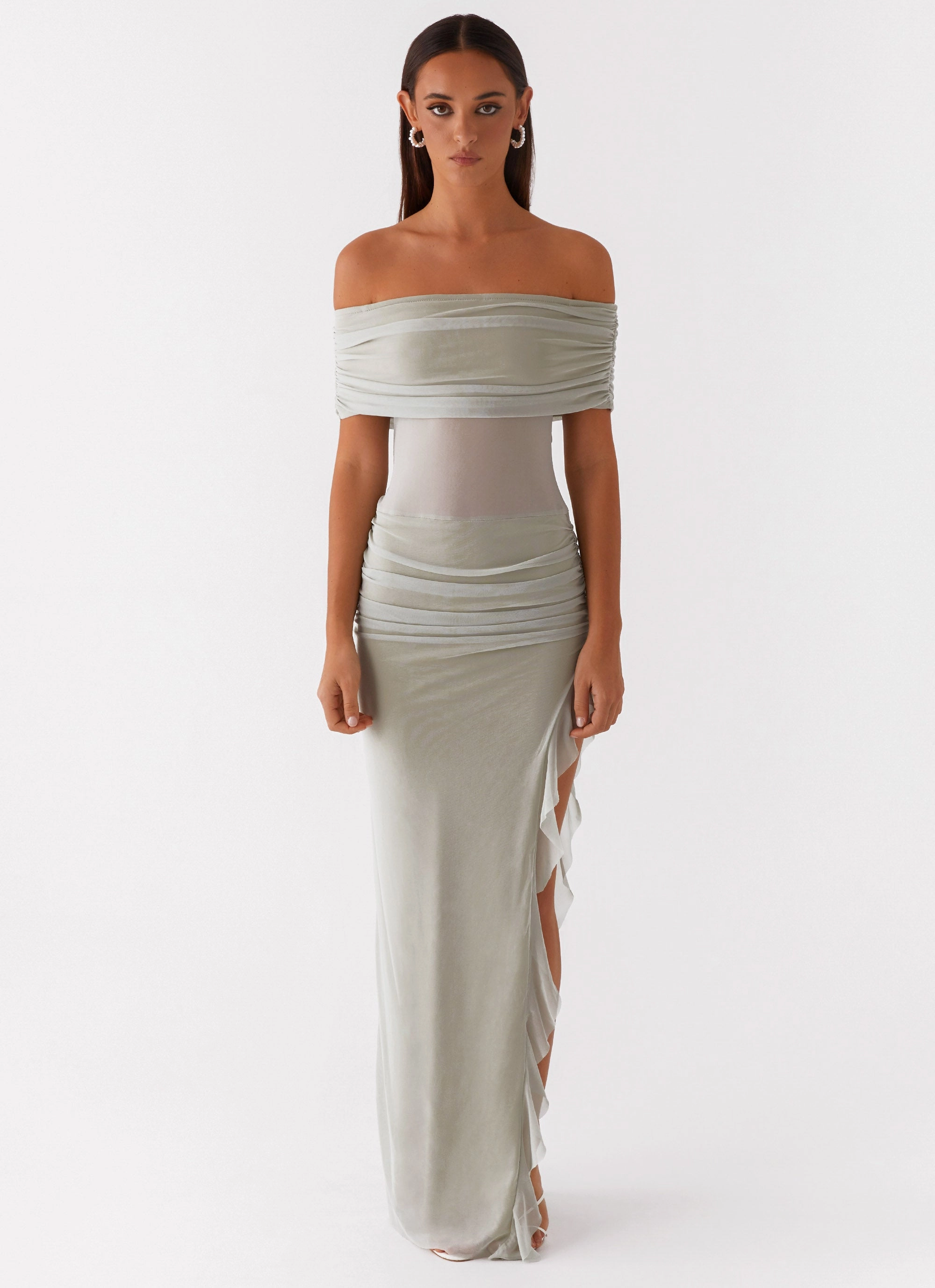 Flared-Hem Flattering Fit Wear Nelly Off Shoulder Maxi Dress - Pistachio