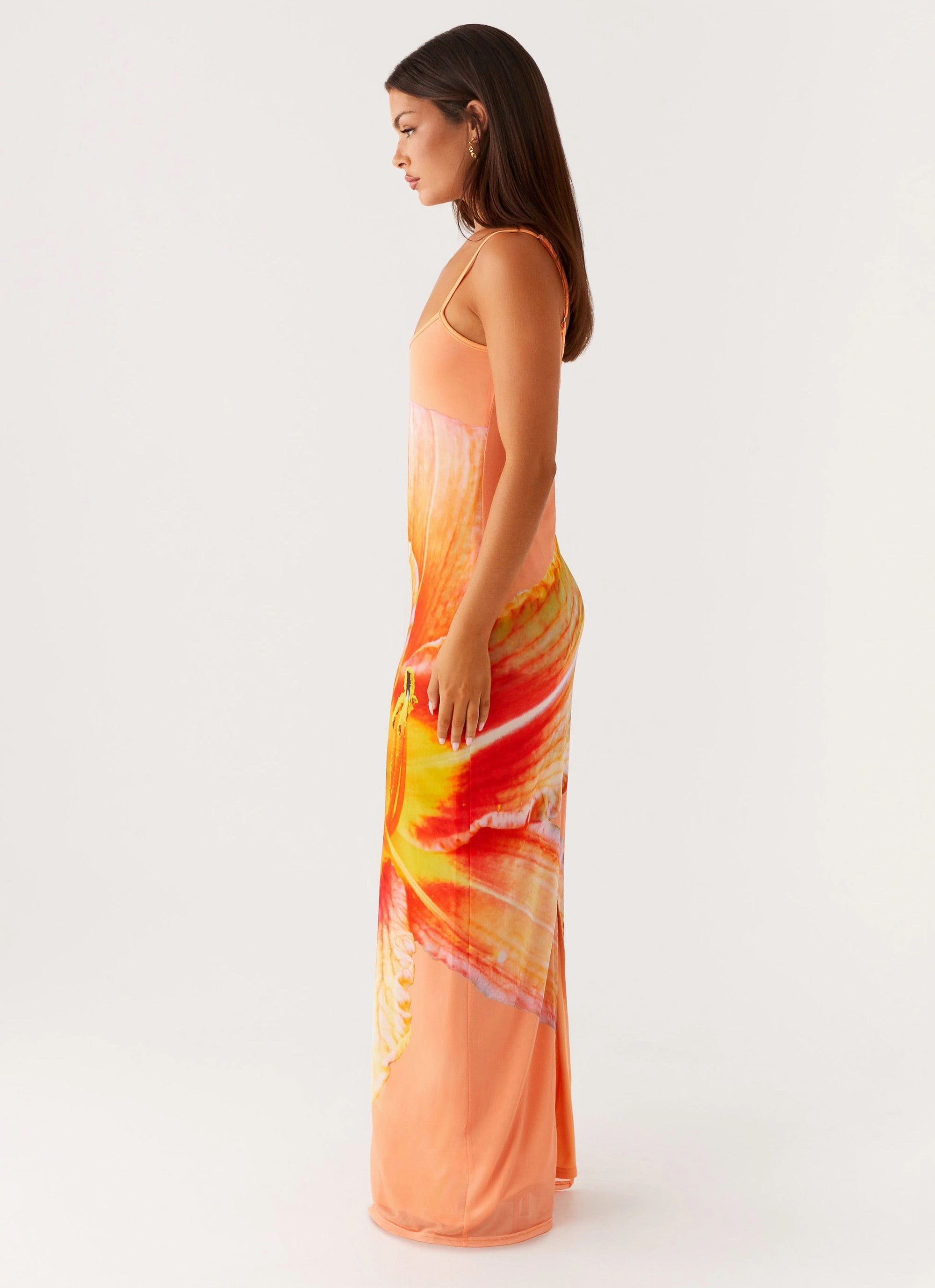 Polished Tailoring Subtle pattern Bad News Mesh Maxi Dress - Orange Floral