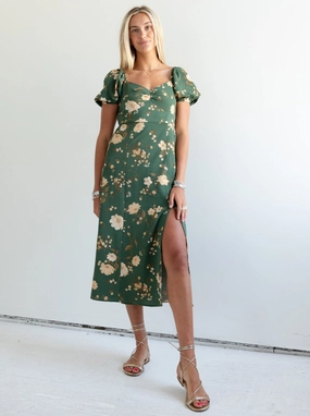 Satin Glow Janie Floral Dress - Green