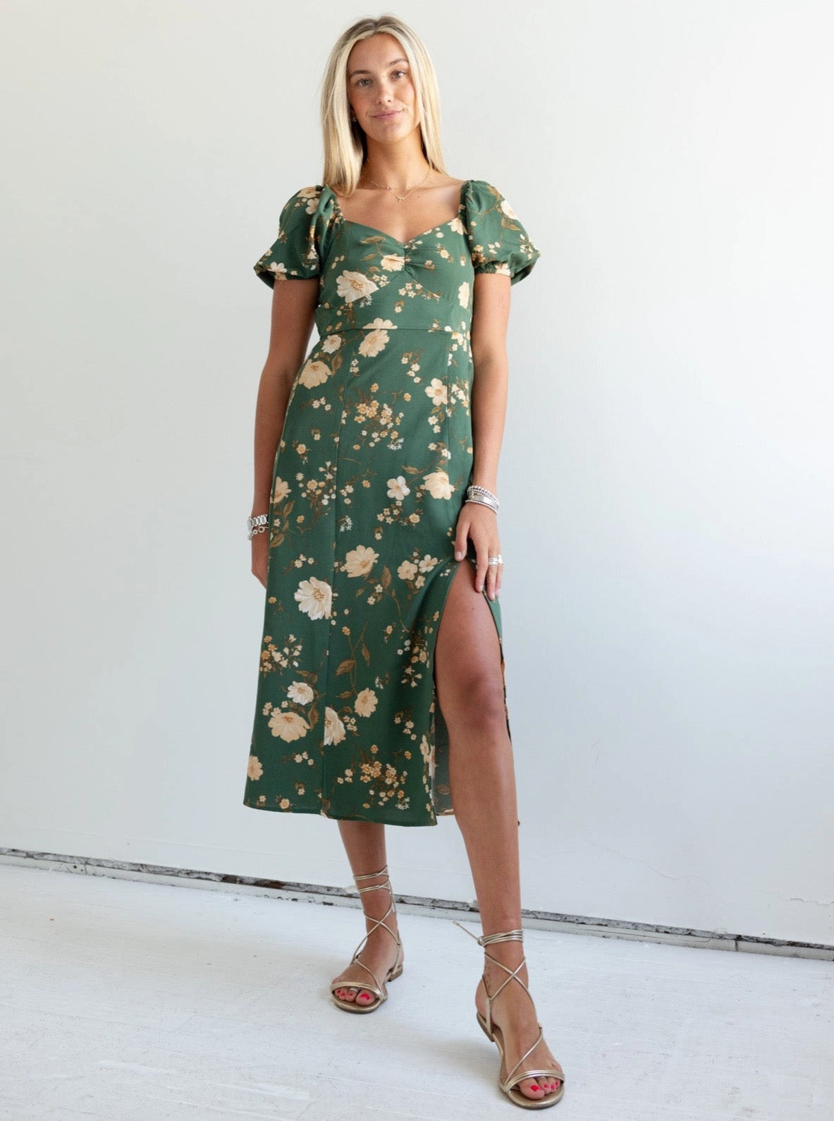 Satin Glow Janie Floral Dress - Green