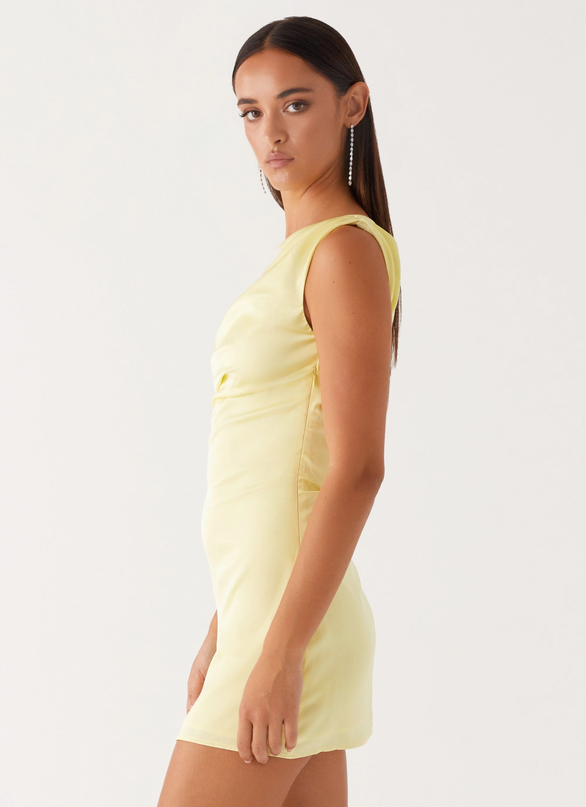 Heart Of Glass Satin Mini Dress - Yellow Luxury Trim Non see through