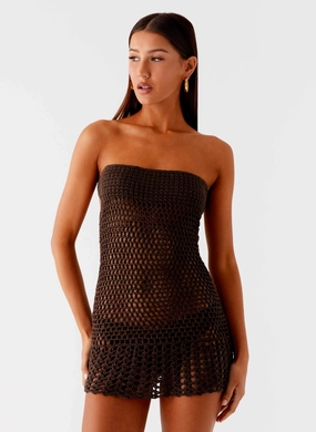 Kaiane Strapless Crochet Mini Dress - Chocolate Party Safe Fall Go
