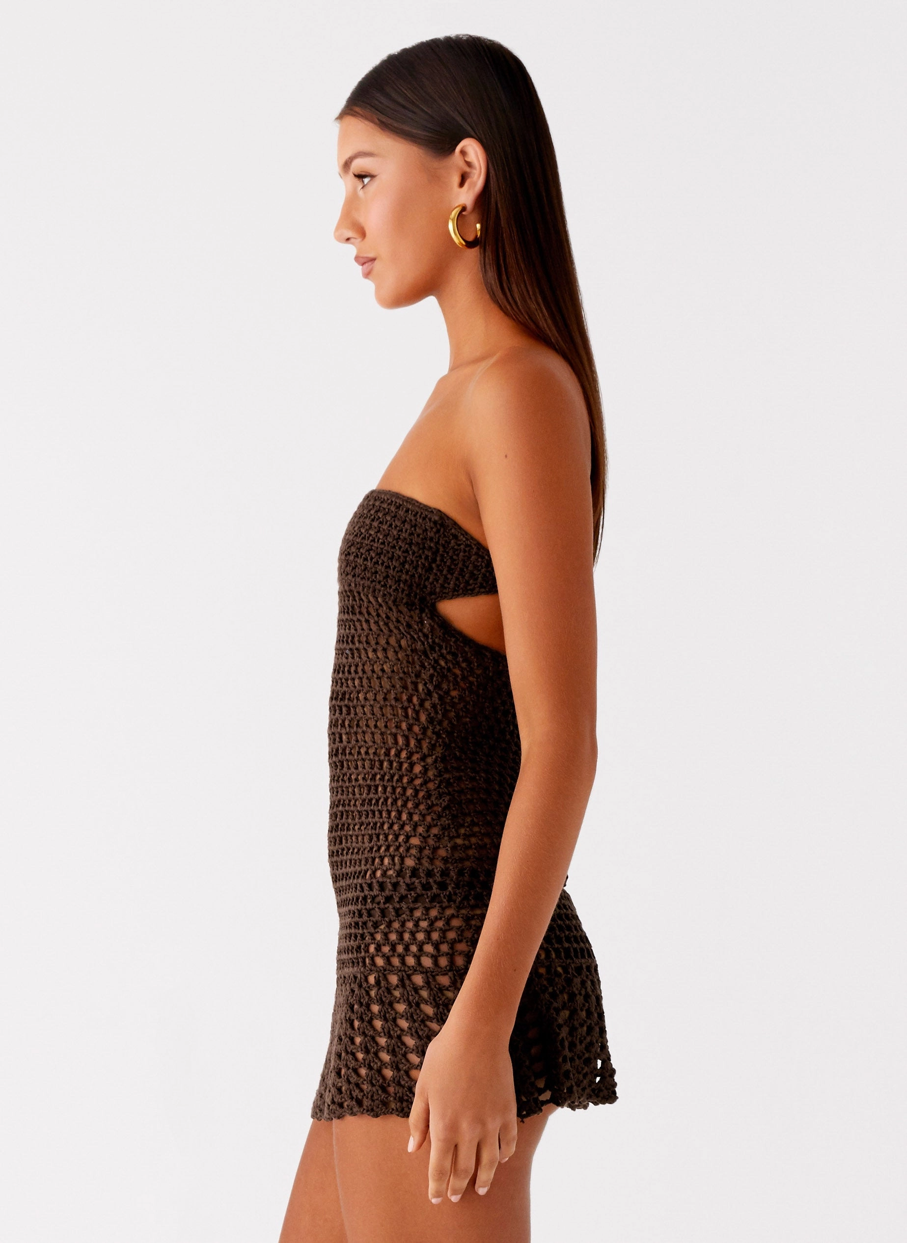 ComfortFitDesign Chill Edge Kaiane Strapless Crochet Mini Dress - Chocolate