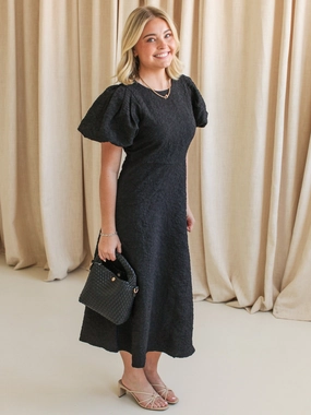Ella Jacquard Midi Dress- Black Regular-fit
