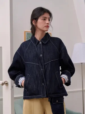 Street Style Low Maintenance Denim Elle Lapel Cotton Lyocell Denim Jacket