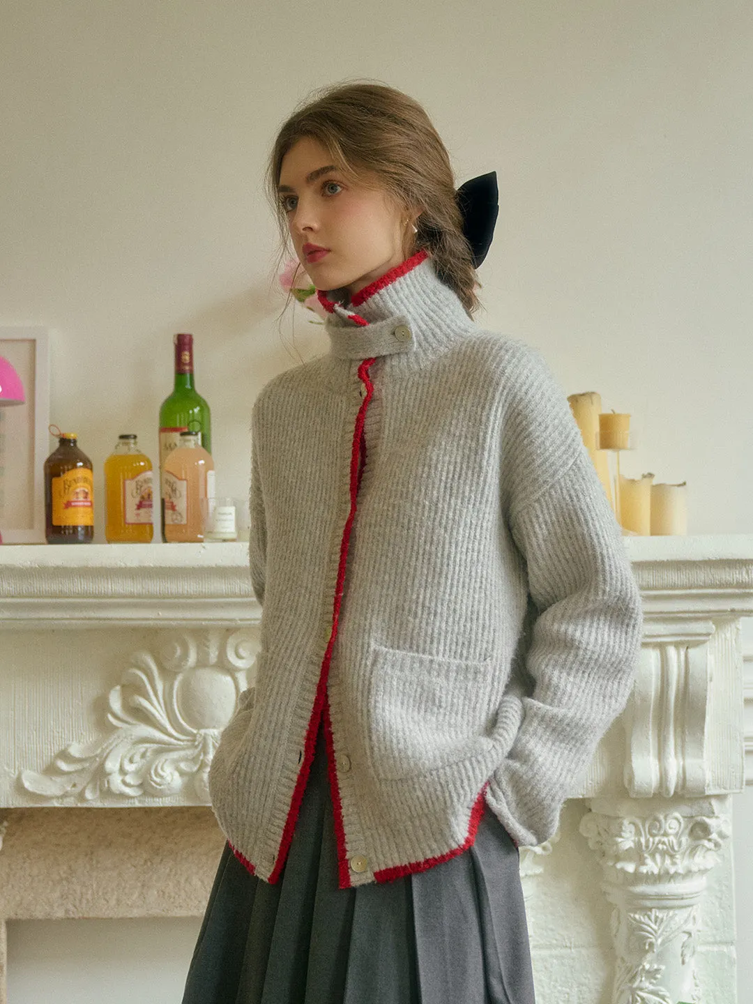Two Tone Weave Ellis Lapel Contrasting Pocket Wool Cardigan - Blue
