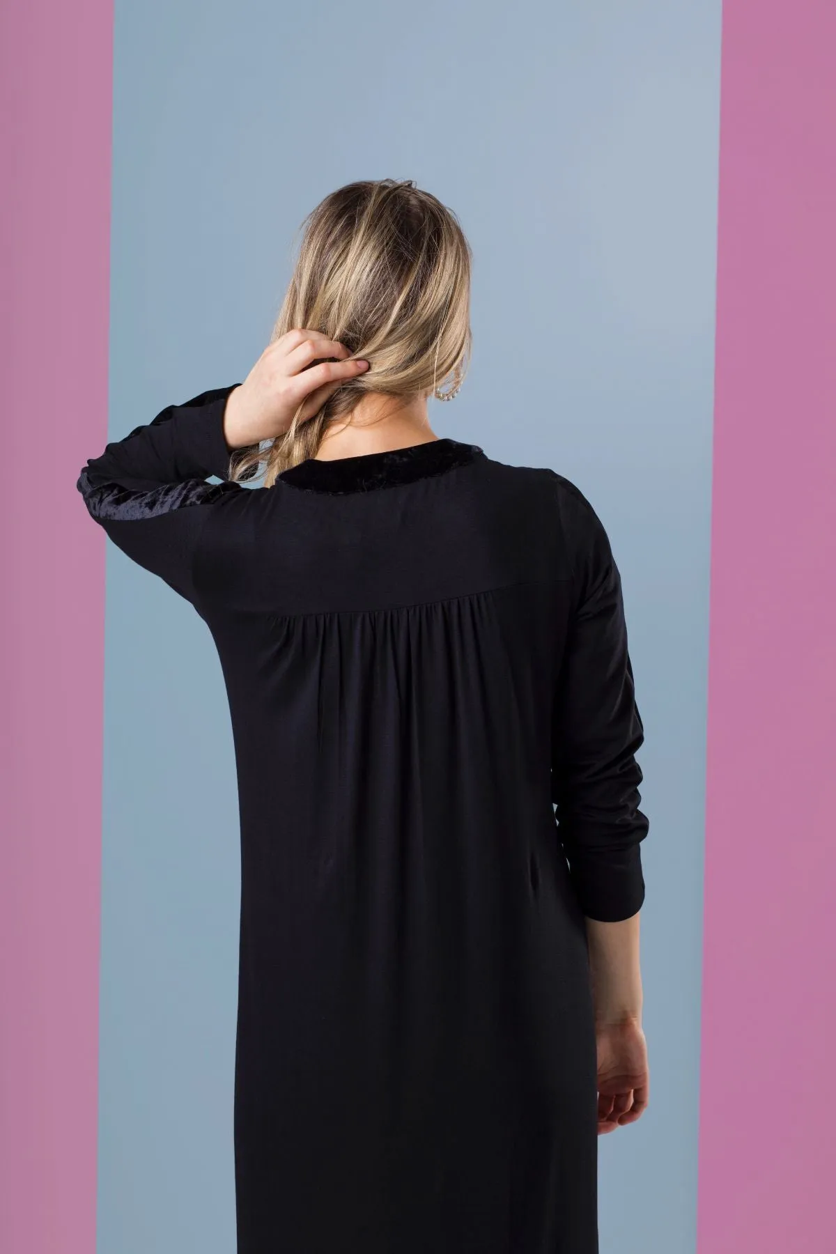 Ellwi Black Cotton Nightgown with Crushed Velvet Trim