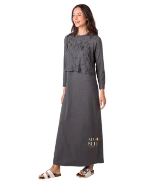 Ellwi Black Scribbled Print Grey Cotton Nursing Nightgown