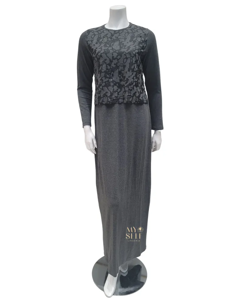 Ellwi Black Scribbled Print Grey Cotton Nursing Nightgown