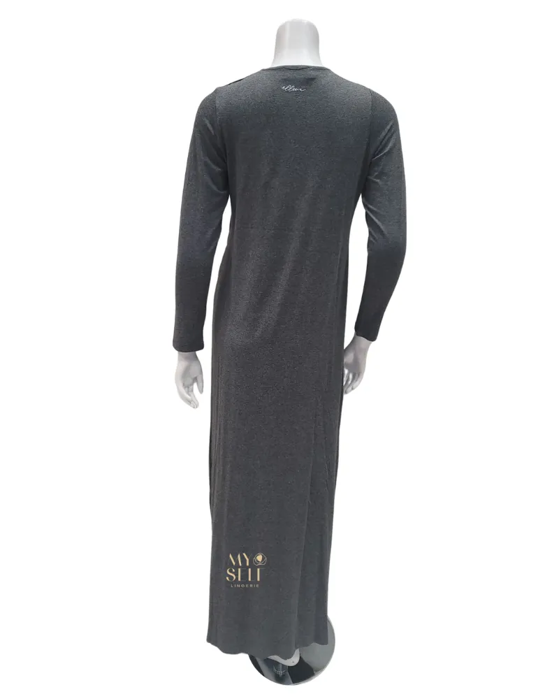 Ellwi Black Scribbled Print Grey Cotton Nursing Nightgown