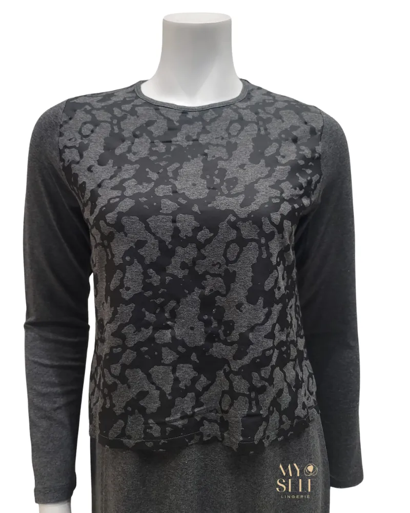 Ellwi Black Scribbled Print Grey Cotton Nursing Nightgown