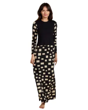 Ellwi Box Print Black/Beige Cotton Nursing Nightgown