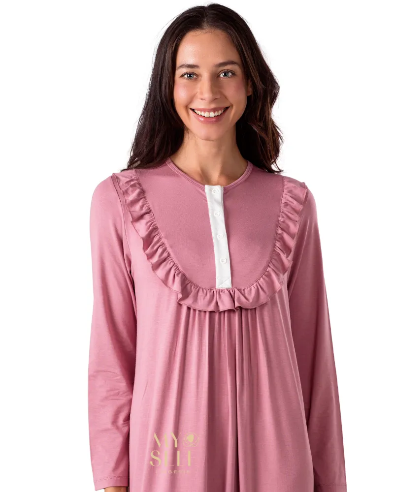 Ellwi Pink Ruffle Bib Button Down Cotton Nightgown