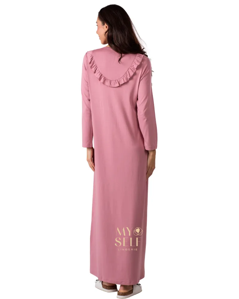 Ellwi Pink Ruffle Bib Button Down Cotton Nightgown