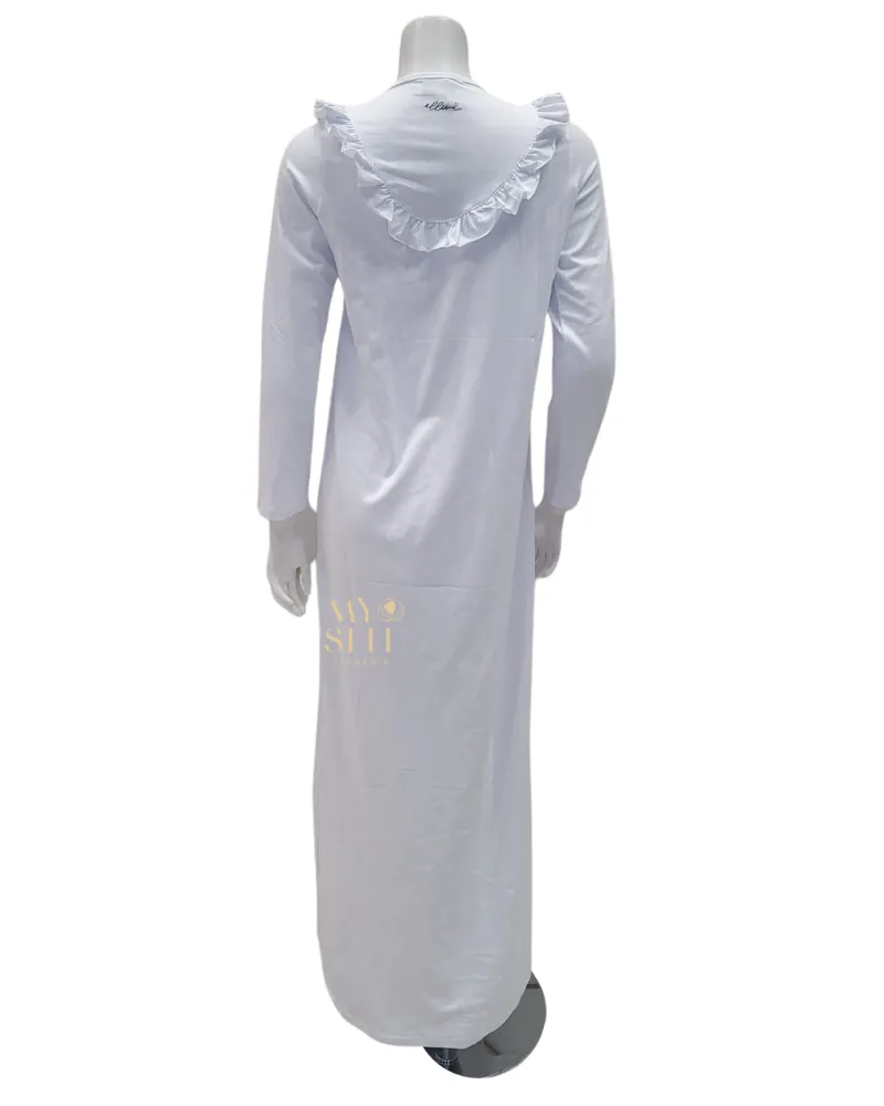 Ellwi White Ruffle Bib Button Down Cotton Nightgown